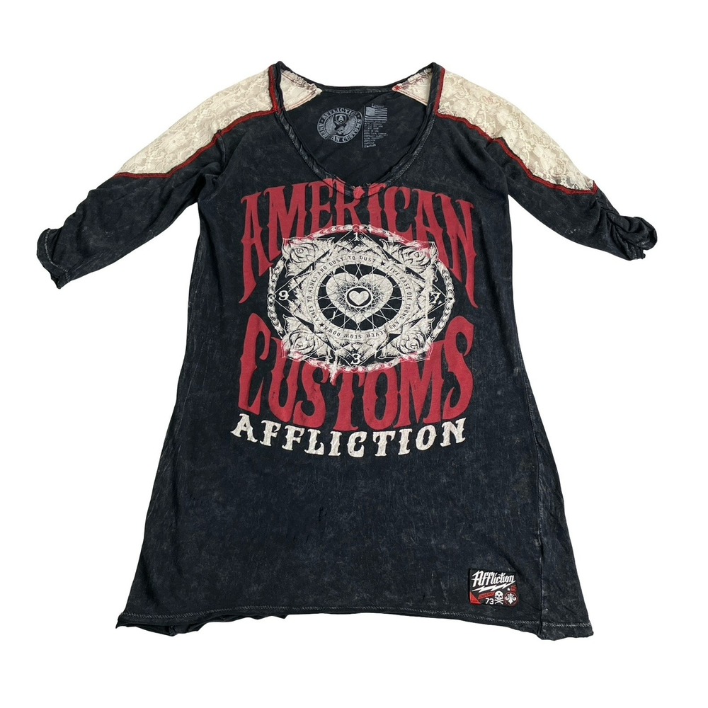 Affliction American Customs Top L Black Live Fast Lace Ruched Sleeve Grunge Alt